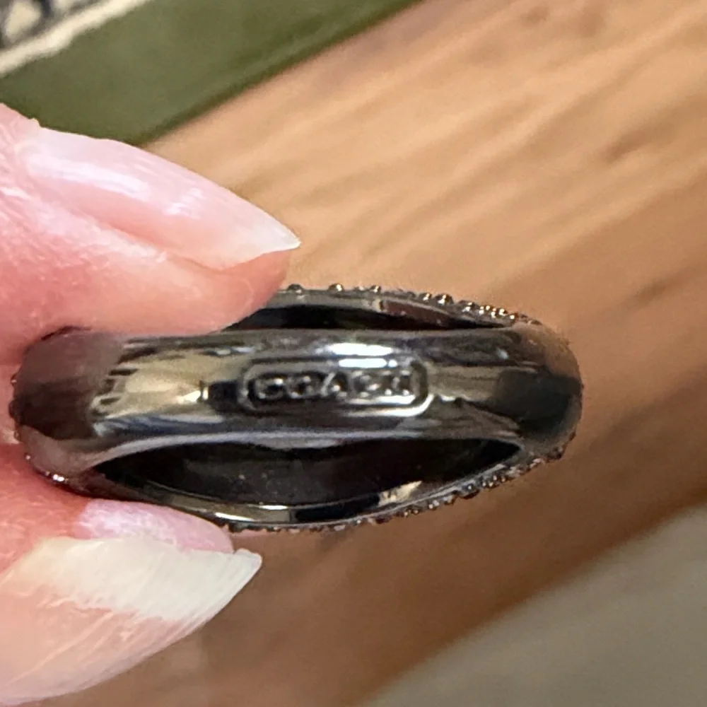 Coach gun medal and pink pavéd dome ring, size 8